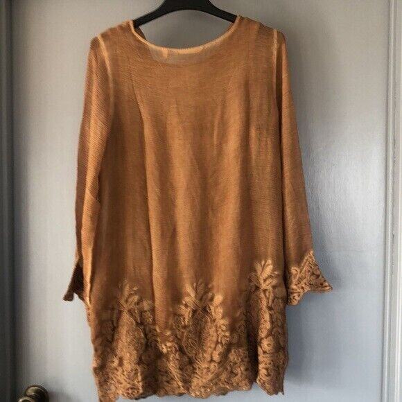 Soft Surroundings Women's Tawny Brown Crinkle Silk Tunic Top M embroider 2 pc - Picture 2 of 8